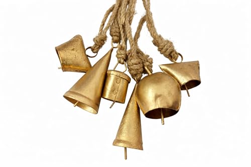 Image of Rustic Brass Hanging Bells Pack of 6 | Vintage Mini Bells with Rope for Home Decor, Diwali Pooja, Wall Art, Christmas & Craft Use