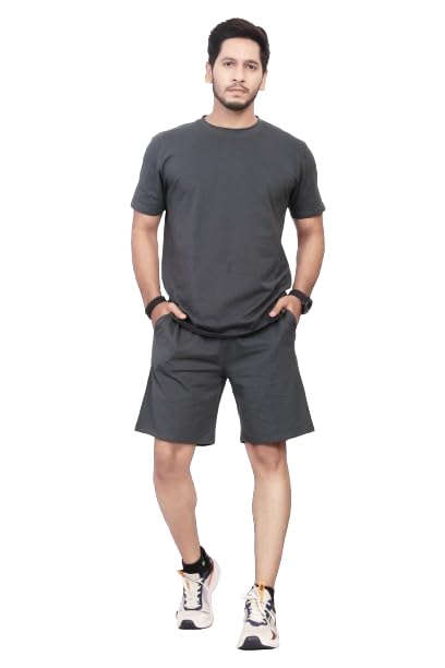 Image of HOODMASTER Men's Cotton Night Suit Set of Top & Knee Length Shorts with Round Neck Half Sleeves Solid Pattern Regular Fit and Standard Length | Mens Cotton Night Suit | T-Shirt and Shorts Sets