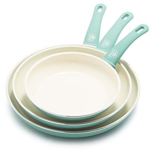 GreenLife Soft Grip Healthy Ceramic Nonstick, 8' 10' and 12' Frying Pan Skillet Set, PFAS-Free, Dishwasher Safe, Turquoise