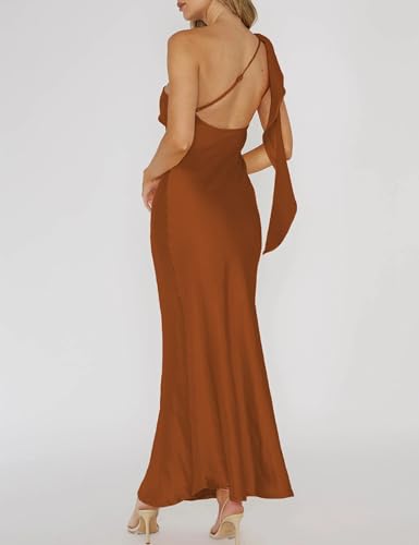 Image of 2026 Satin One Shoulder Maxi Dress for Women Summer Silk Formal Elegant Backless Ruffle Sleeveless Wedding Guest Dresses
