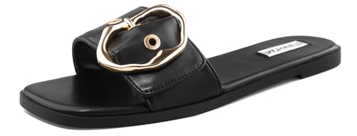 Image of STUNAHOME Flat Sandals Women Fashion Slides With Soft Leather Paired with Metal buckle Slippers