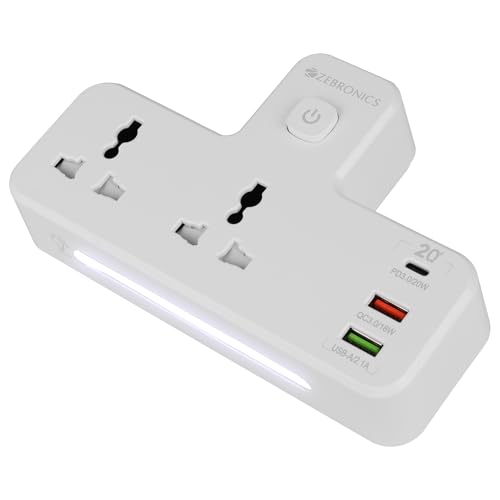 Image of ZEBRONICS Power Plug 23, Multi Plug Extension Board /Strip, 2500 Watts, 10 Amps, QC 3.0 18W, 1x Type C PD Port (20W), 2X Universal Socket, 2X USB Port, Night Lamp, LED Indicator, On /Off Switch