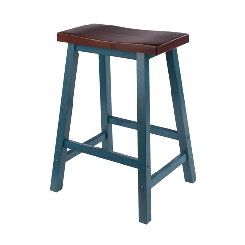 Image of Winsome Satori Saddle Seat 24in Counter Stool Rustic Teal and Walnut