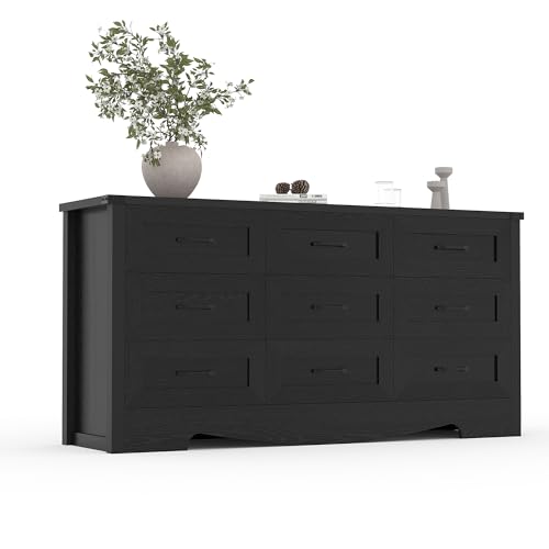 Garvee 59" Wide 9-Drawer Dresser for Bedroom, Farmhouse Tall Wooden Chest of Drawers with Mid Century Modern Style, Sturdy Storage Cabinet & Anti-Tip Safety for Living Room, Closet, Home Off