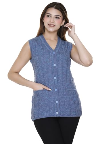 Image of aarbee Self Design Sleeveless V Neck Woollen Cardigan for Women with Front Pockets