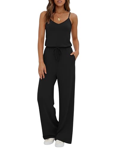 Ekouaer Womens Summer Jumpsuits Dressy Sleeveless Wide Leg Long Pants Rompers Casual One Piece Outfits with Pockets Black M