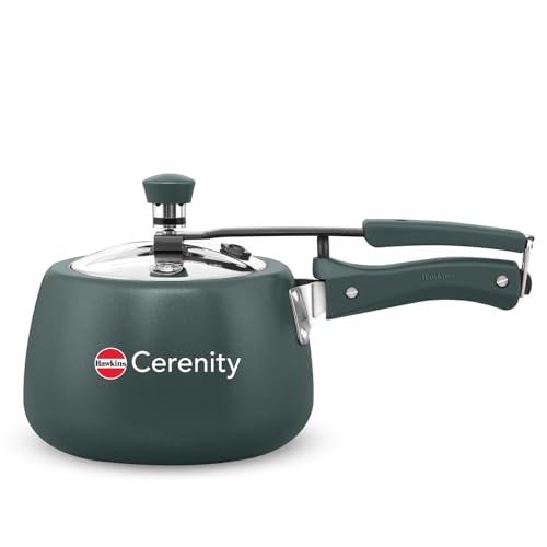 Image of Hawkins Cerenity 3L Pressure Cooker | Ceramic Coated Body | Contura Shaped | Induction & Gas Compatible | Cook Rice, Dal & Curries | ISI Certified | 5 Year Guarantee | Olive Green (ICG30)