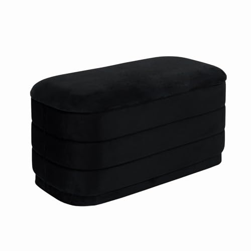 Image of 30 inch Velvet Storage Ottoman Bench with Wooden Tray Lid, Folding Large Upholstered Ottoman Footstool for Living Room, Rectangular Padded Foot Rest for Bedroom Living Room Dorm, Black