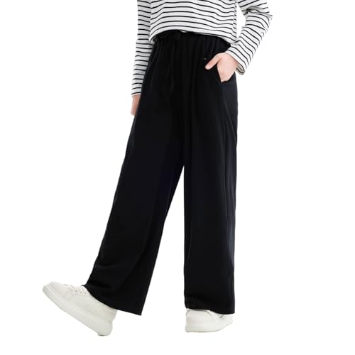 MIANZHI Girls High Waisted Pants Girls Casual Pants Kids Wide Leg Long Trousers with Pockets 5-14 Years Black
