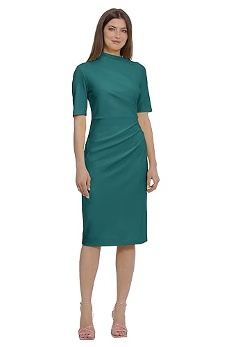 Image of Maggy London Women's Maggy London Women's Dresses Side Pleat Dress with Asymmetric Neck and Elbow Sleeves