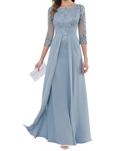 SAYNO Abito da madre della sposa con applique in pizzo per abiti da ballo di nozze abiti da cocktail in chiffon plus sizeSize, Blu polvere., 44