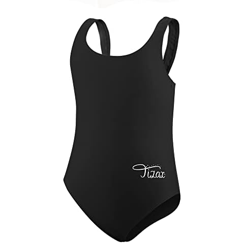 TIZAX Little Girl's One Piece Swimsuit Kids Racerback Athletic Swimwear Thick Strap Black 9-10 Years Cover