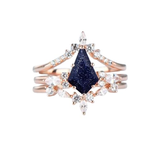 Unique Engagement Ring Set, Kite Cut Blue Sandstone Anniversary Rings, Vintage Bridal Promise Ring Set, Chevron Wedding Band, Stackable Ring