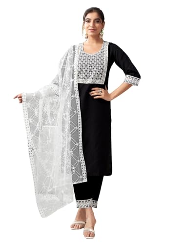Sanisa Women's Cotton Blend Sequence Embroidery Work Straight Kurta With Pant And Dupatta Set (205Kbd2171N-Xl_Black & White)