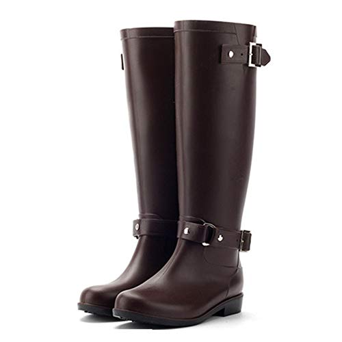 Botte De Pluie Femme Wellington Boots Imperméable Ajustable Boucle Zip Bottes en Caoutchouc Rain Boot Noir Marron 36-41 Marron 41