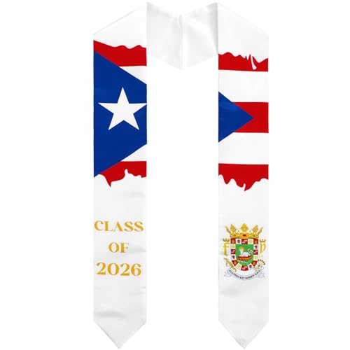 Jamntower Puerto Rico Graduation Stole Sash American Flag Mixed Stole Class of 2026 Grade Sash for International Student(Puerto Rico White)
