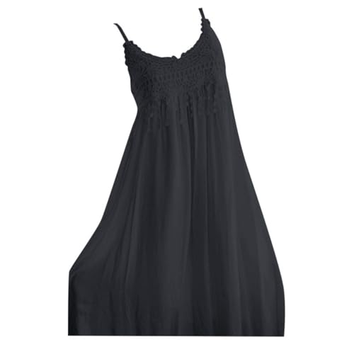 Boho Kleid Damen Sommer V-Ausschnitt Spaghetti Trägerkleid Strandkleid Spitze Ärmellos Freizeitkleid Sommerkleid Black 5XL