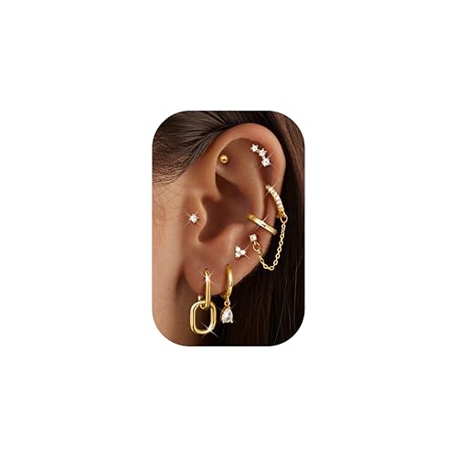 LOLIAS Hypoallergenic Gold Hoop Stud Earring Stacks for Women Trendy - 14K Gold Plated Chain Cartilage Earrings Cute Silver Huggie Earrings Sets for Multiple Piercing Jewelry Lightweight 8Pairs