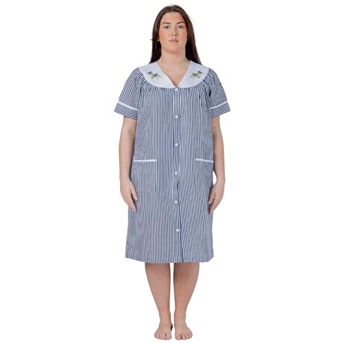 Image of Women's Short Sleeve Woven Snap-Front Closure Striped Embroidery Housecoat Duster Nightgown with Front Pockets