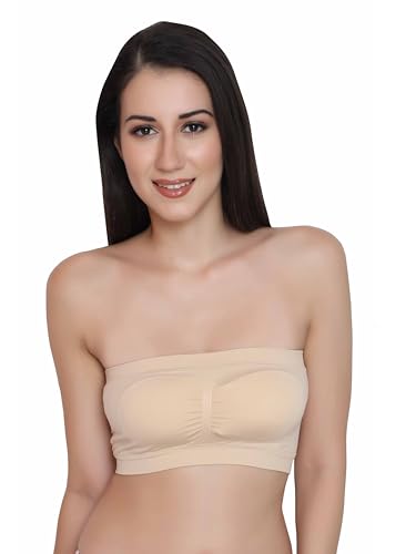 Image of GLAMORAS Polyester Spandex Padded Strapless Non Wired Removable Pads Seamless Bandeau Tube Top Bra