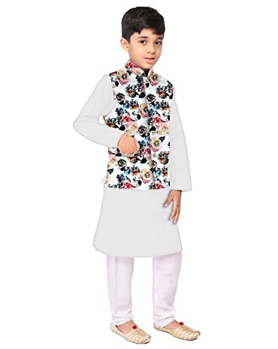 Image of Os Men's & boy kurta pyjama set with nerhu jackets (Multi printed) in cotton (baap beta|father son|)