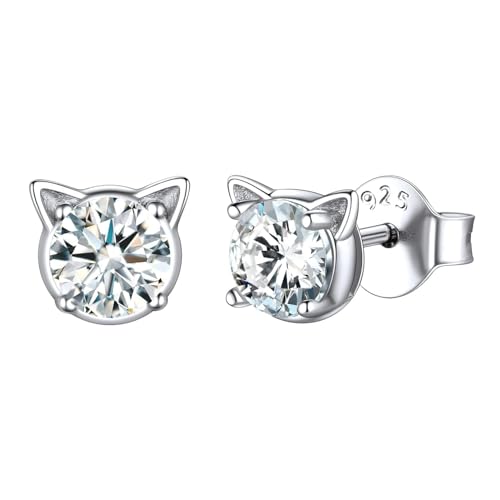 ChicSilver Cute Cat Earrings for Women - Hypoallergenic Sterling Silver Round Birthstone Cat Stud Earrings with Gift Box