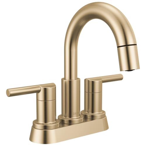 Top 10 Best Centerset Bathroom Faucets for Every Style 6 Delta Nicoli Centerset Brushed Gold Bathroom Faucet with Sprayer, 4 Inch 3 Hole Bathroom Sink Faucet with Pull Out Sprayer, Push-Pop Drain, Champagne Bronze 25749LF-CZPD