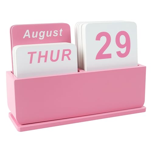 DEERINE Wooden Block Perpetual Calendar for Desk Daily Desktop Standing Flip Calendar with Large Display Modern Farmhouse Aesthetic Desk Accessories for Home Office Decor Reusable Yearly Pink