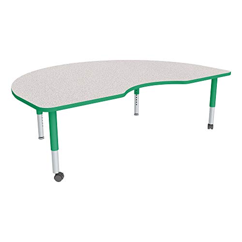 Image of Sprogs Adjustable Height Mobile Classroom Activity Table for Preschools, Kidney Preschool Activity Table with Casters, 48 inch L x 72 inch W x 23 inch H, Gray /Green