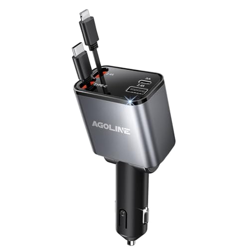 Retractable Car Charger, 4 in 1 Fast Charger with 2ft Retractable Cables and USB C Ports, Car Charger Adapter Compatible with Apple iPhone 15 Pro