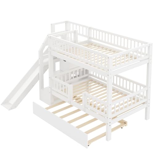 Image of Twin over Twin Bunk Bed with Storage Staircase,Slide and Trundle,White