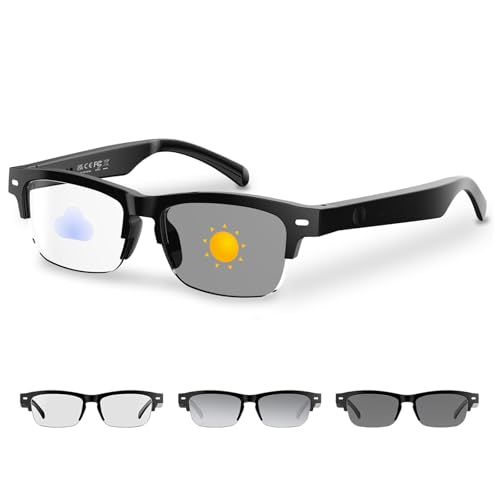 Image of GenXenon Smart Glasses for Men Women, Anti-Blue Light Photochromic Lenses, Open-Ear Bluetooth Sunglasses with Speakers, 26.1g Lightweight Half-Frame Music Eyeglasses for Travel Sports Business-(YX01)