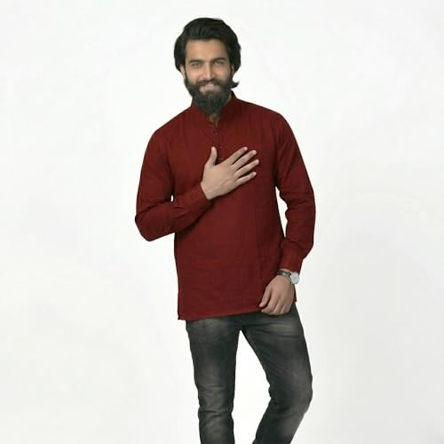 Image of Men's Cotton Regular Short Kurta | Casual & Ethnic Wear with Long Sleeve