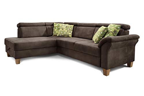 Cavadore Ecksofa Ammerland mit Ottomane links / Federkern-Sofa im Landhausstil mit verstellbaren Kopfstützen / 245 x 84 x 194 / Lederoptik braun
