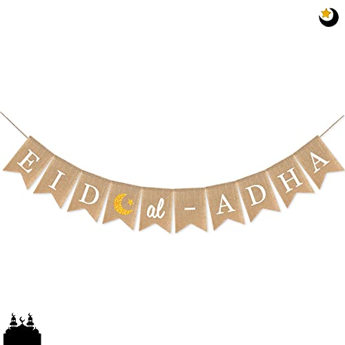 SWYOUN Burlap Eid Al Adha Banner Supplies with Moon and Star Design Muslim Fireplace Mantel Decoration