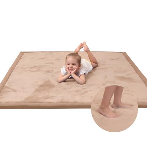 Image of Baby Play Mat for Floor,1.3 inch Thick Memory Foam Tummy Time Mat,Soft Coral Velvet Nursery Rug,Extra Large Non Slip Crawling Mats for Living Room(Light Brown)