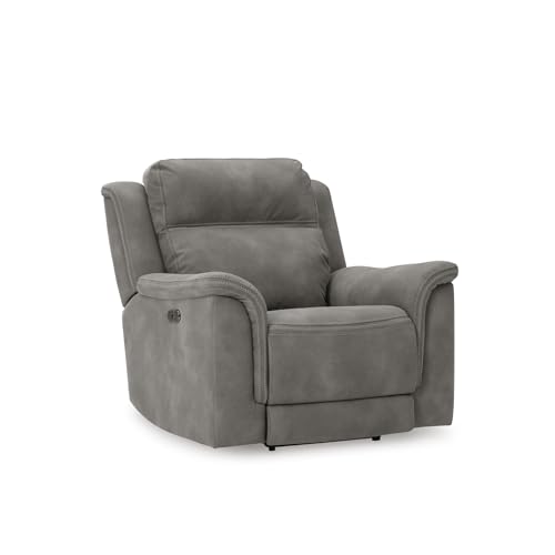 Signature Design by Ashley Contemporary Next-Gen DuraPella Power Recliner with Adjustable Headrest, One-Touch Control, Water Repellent Faux Leather, Gray