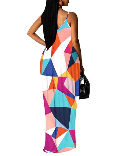 Image of Women's Summer Maxi Dress Spaghetti Strap Floral Boho Beach Long Sundress with Pockets