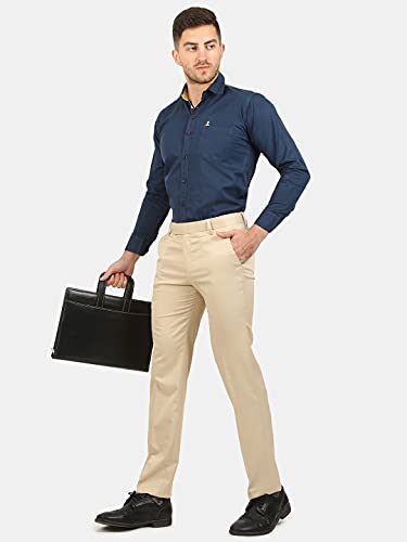 Image of Classic Collection Men's Smart Slim Fit 2-Way Stretchable Formal Trousers Made of Cotton Viscose Blend Fabric with Hidden Expandable Waistband and 3 Slant Pockets Plus 1 Ticket Pocket