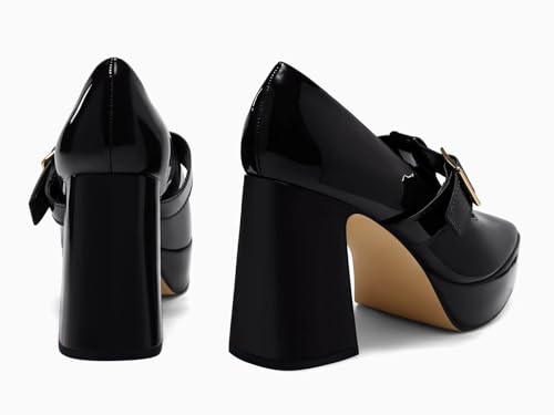 Coutgo Womens Chunky Platform Heels T Strap Mary Jane Pumps Buckle Wedding Dress Shoes Black, 104