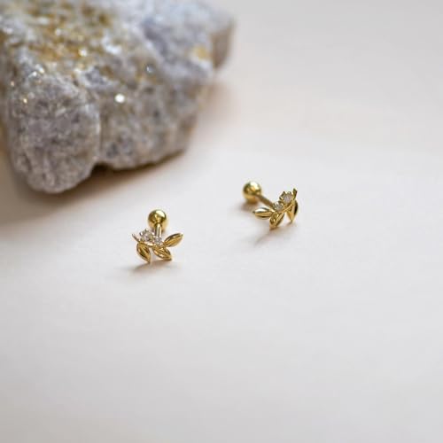 14K Pure Natural Diamond Olive Leaf Stud Earring – 18gauge Floral Flat Back Body Stud for Multiple Piercings – Dainty Jewelry for Women - Perfect Minimalist Design - Sold as a Single3