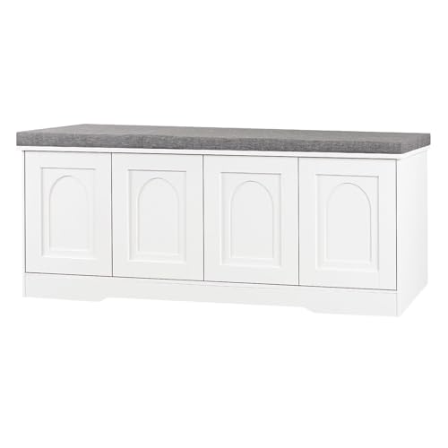 DINZI LVJ Shoe Bench Entryway Storage Bench with Doors Cushion 2-Tier Shoe Rack with 8-Cubby 47.2L x 13.8W Shoe Organizer Cabinet Adjustable Shelf Living Room Bedroom White