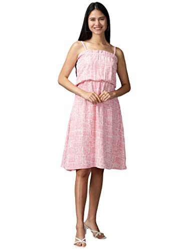 Image of SHOWOFFFF Women Bohemian Fit and Flare Casual Dress | Shoulder Straps Sleeveless Crepe Dress for Womens | Knee Length Dress for Women's
