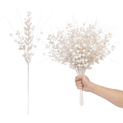 24 Pack Christmas Tree Decorations Picks and Sprays, Christmas Ornaments Artificial Glitter Berry Stems Branches Picks Twigs for Xmas Tree Vase Filler Home Holiday Decor (White-A)