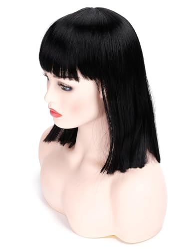 Image of Short Straight Black Wig with Bangs Natural Looking Heat Resistant Hair Cosplay Costume Wigs (14 inches Natural Black)