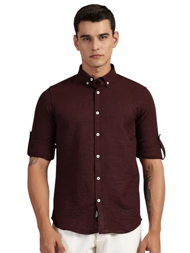 Image of Thomas Scott Men's | Solid | Textured Fabric | Full Sleeve | Slim Fit | Polyester-Blend | Spread Collar | Casual Shirt