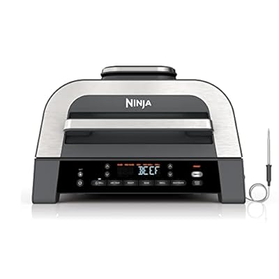 Ninja DG551 Foodi Smart XL 6-in-1 Indoor Grill with Air Fry, Roast, Bake, Broil, & Dehydrate, Foodi Smart Thermometer, 2nd Generation, Black/Silver