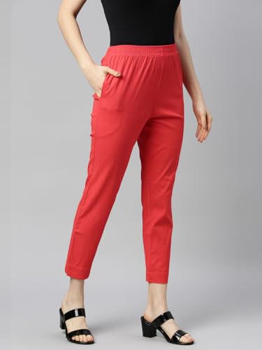 Image of MINELLI Women Solid Cigar Pants, Cotton Lycra Slub Fabric, Elasticated Waistband, Pull On Style, Regular Fit Bottom Wear for Western and Ethnic Wear