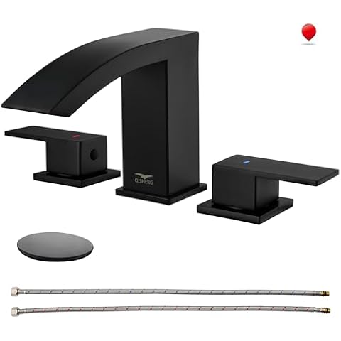 QISHENG Black Bathroom Faucets, 8 Inch Matte Black Bathroom Faucet 3 Hole, 2 Handle Bathroom Sink Faucet with Pop Up Drain and Hose, Waterfall Bathroom Faucet for Sink Vanity Cover