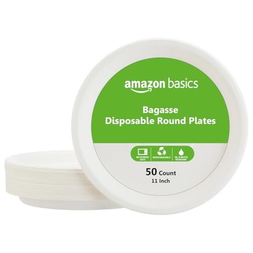 Image of Amazon Basics Bagasse Disposable Round Plates | 11 Inch - Pack of 50 | Biodegradable | Leak-Resistant | Hot & Cold Food Safe | Eco-Friendly | Party, Weddings, Birthdays, Events, Travel Plates